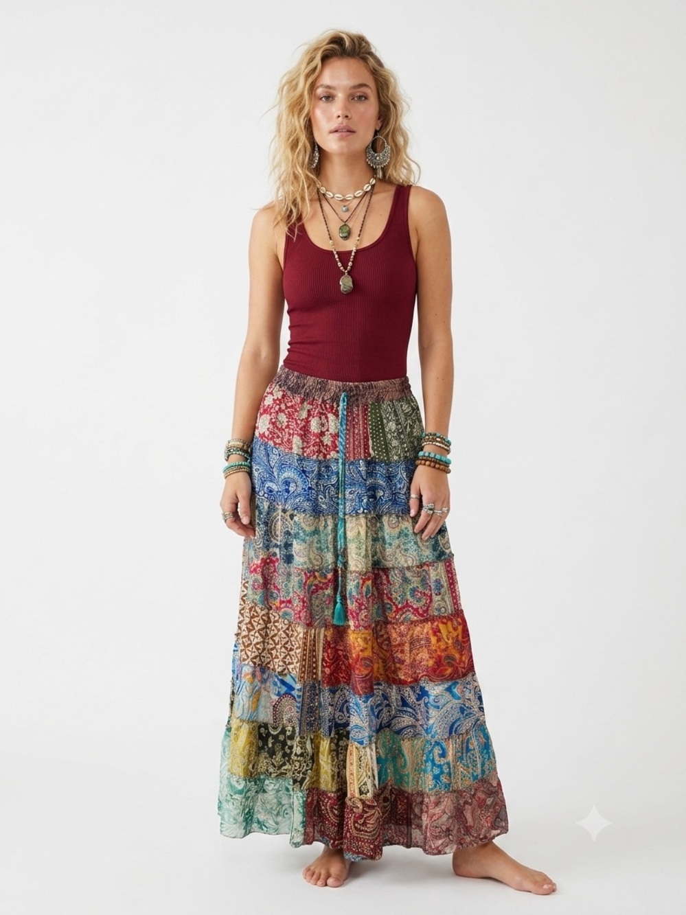 2. Boho Patchwork Sari Silk Maxi Skirt Festival Hippie Gypsy One Size India